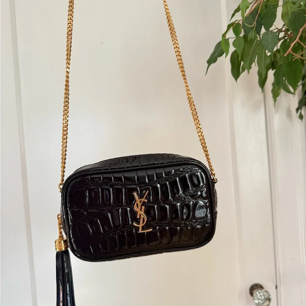 Yves Saint Laurent Black Croc Embossed Mini Lou Camera Bag - Picture 1 of 7